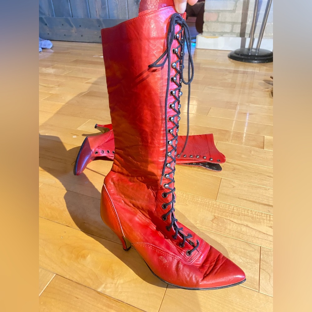 Vintage red leather heeled boots